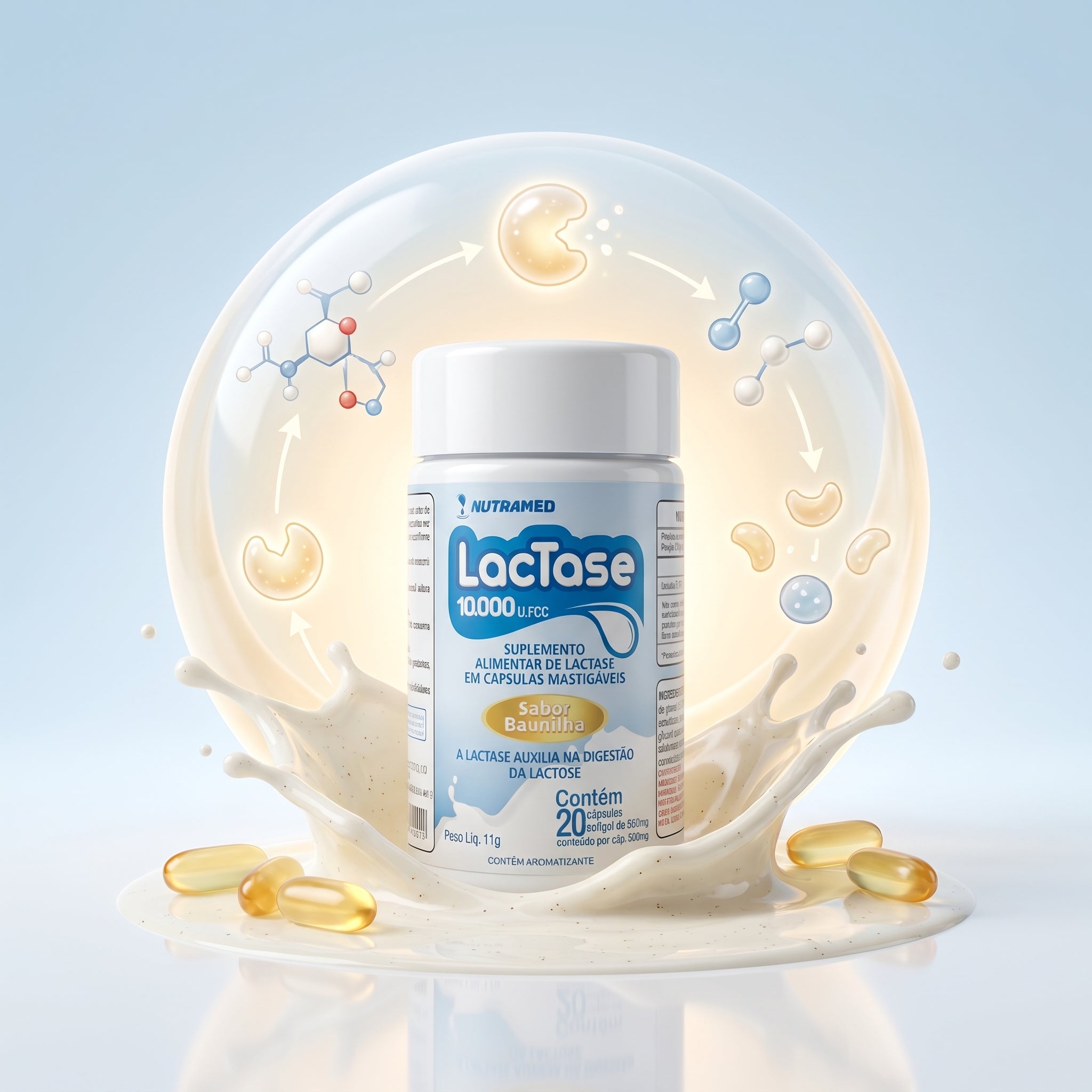 Lactase (10.000 U.FCC) | 20 Cápsulas mastigáveis Sabor Baunilha