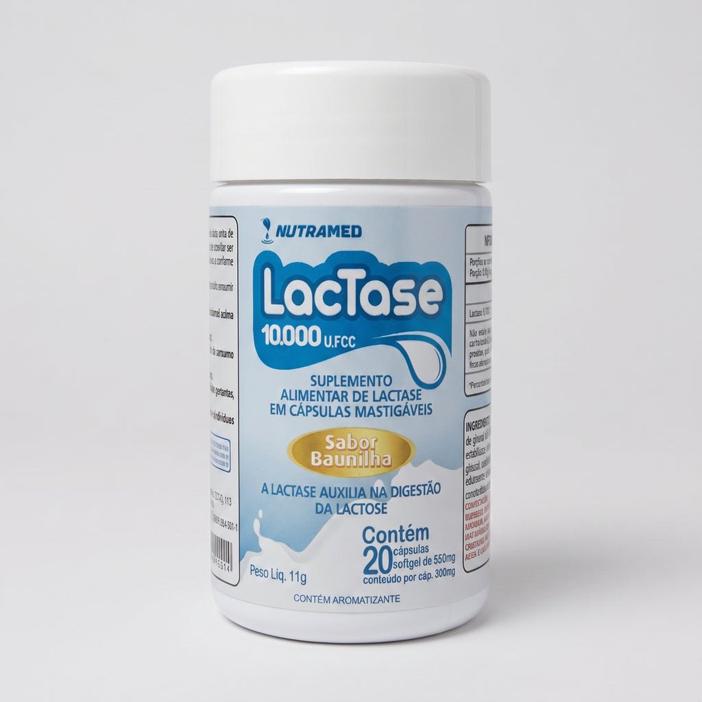 Lactase (10.000 U.FCC) | 20 Cápsulas mastigáveis Sabor Baunilha